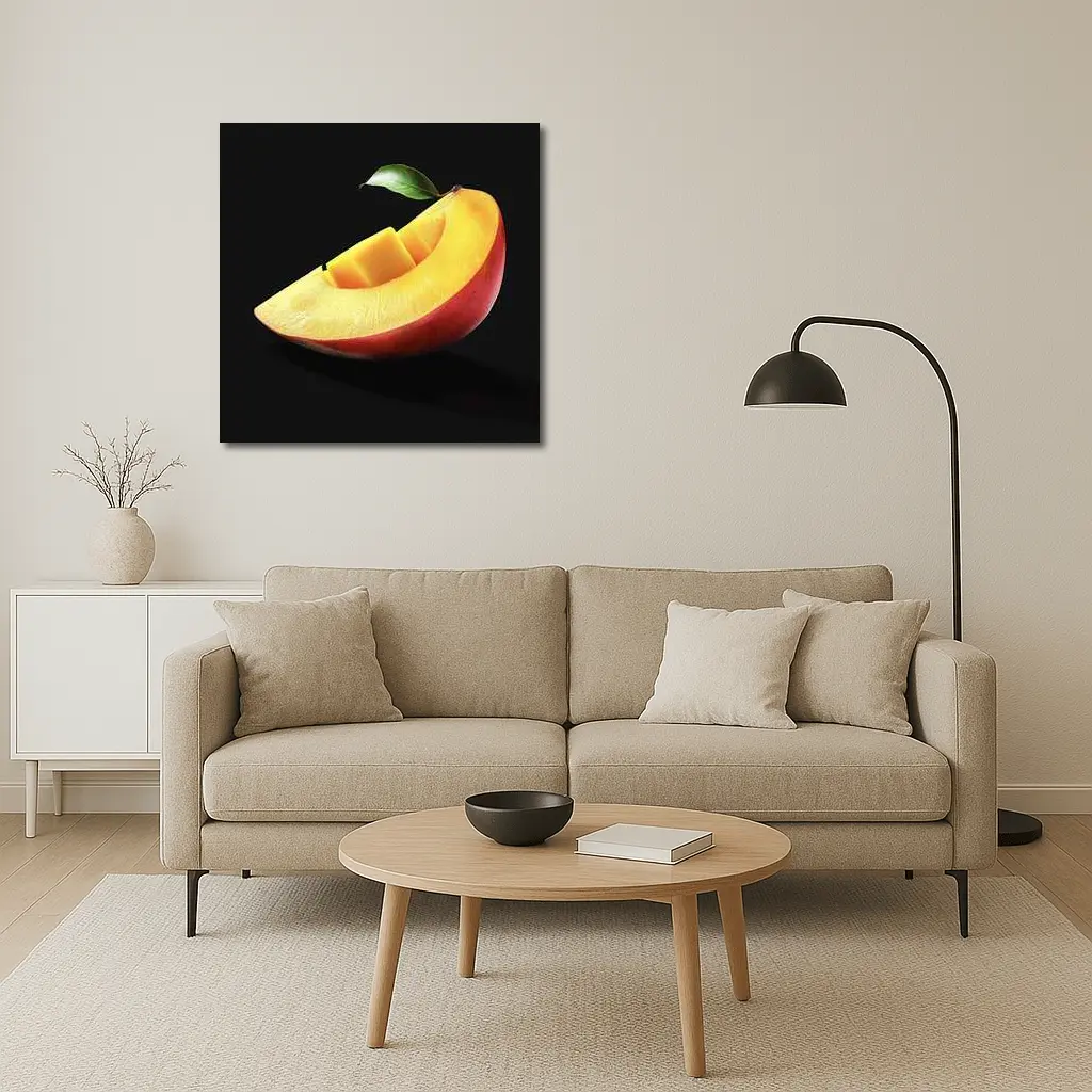 Fresh Mango Slice With Leaf Black Background – Wall Art
