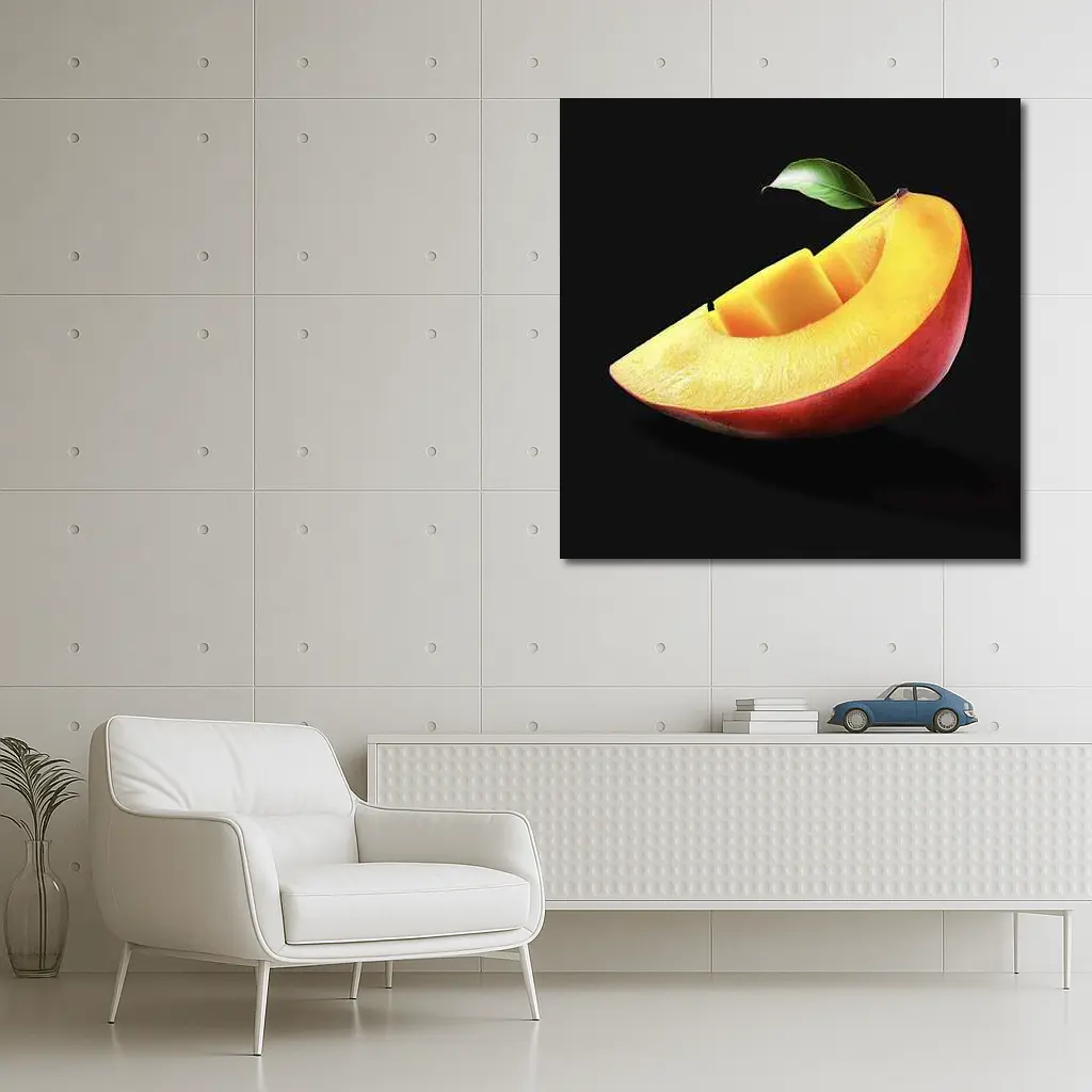 Fresh Mango Slice With Leaf Black Background – Wall Art