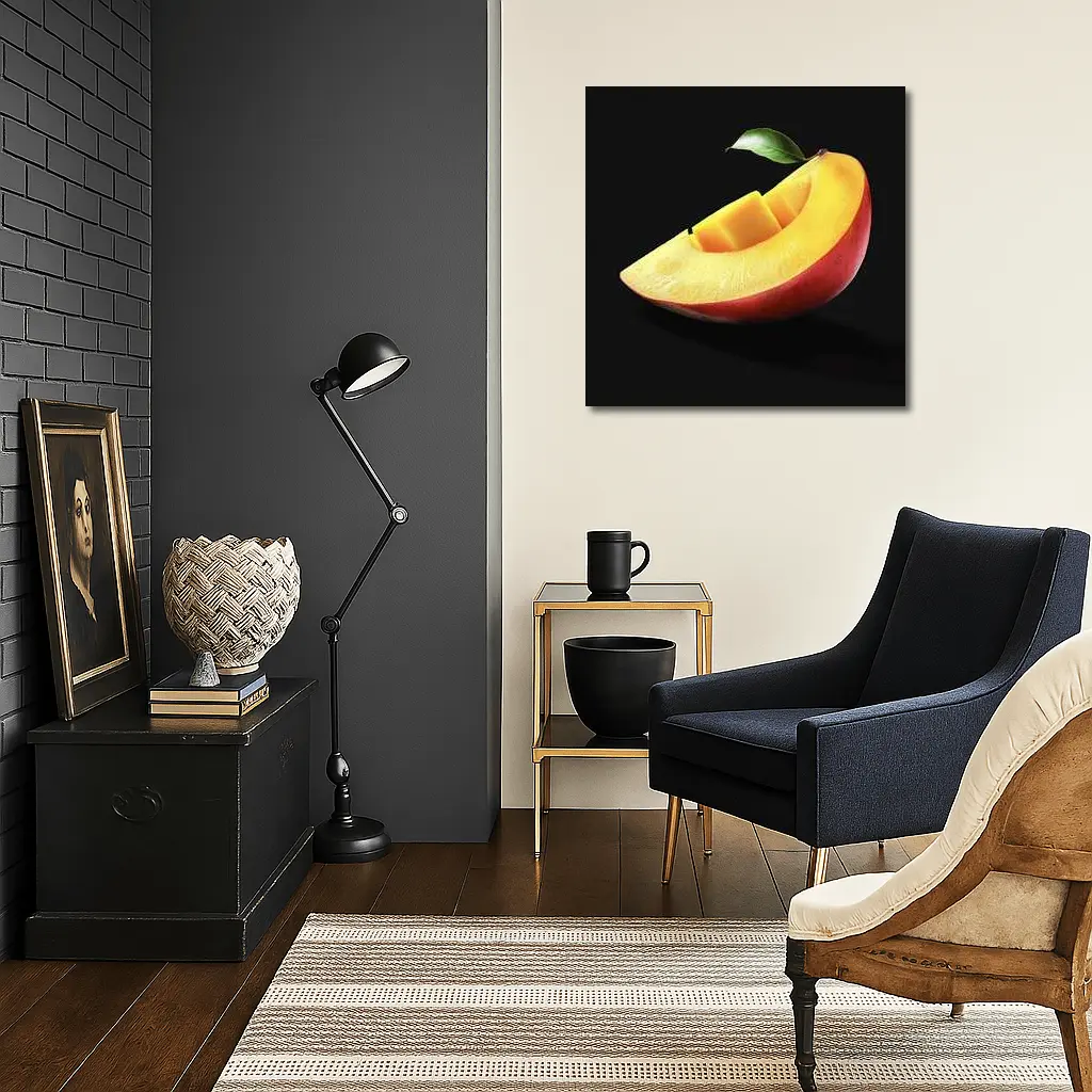 Fresh Mango Slice With Leaf Black Background – Wall Art