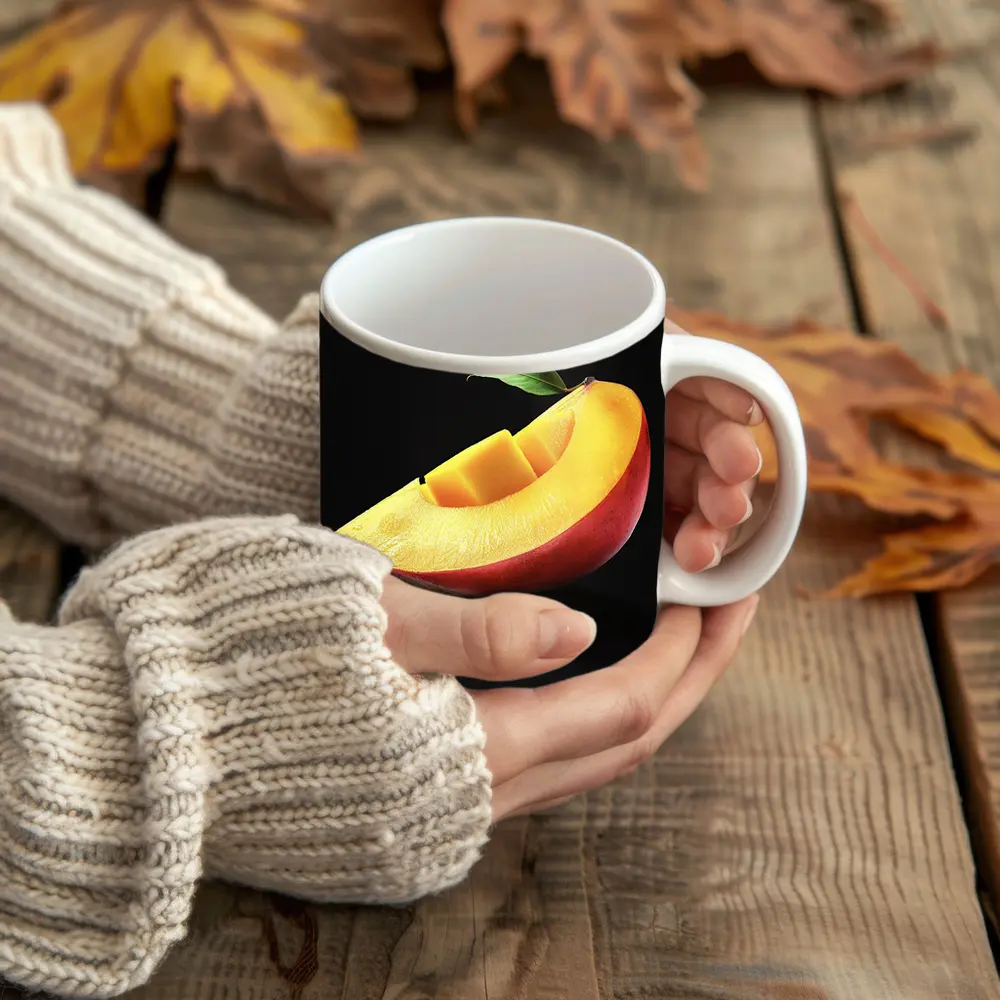 Fresh Mango Slice With Leaf Black Background – Mugs