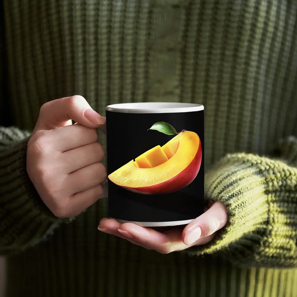Fresh Mango Slice With Leaf Black Background – Mugs
