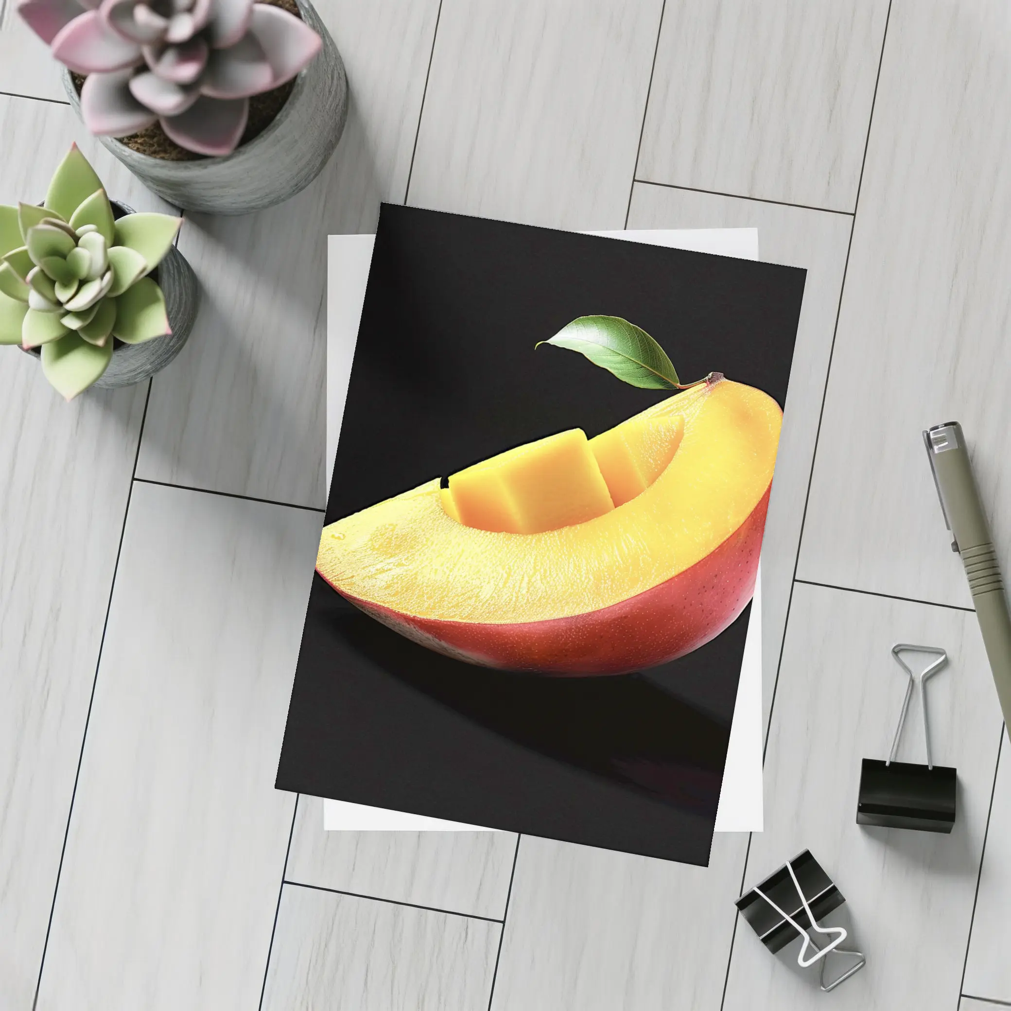 Fresh Mango Slice With Leaf Black Background – Postcards