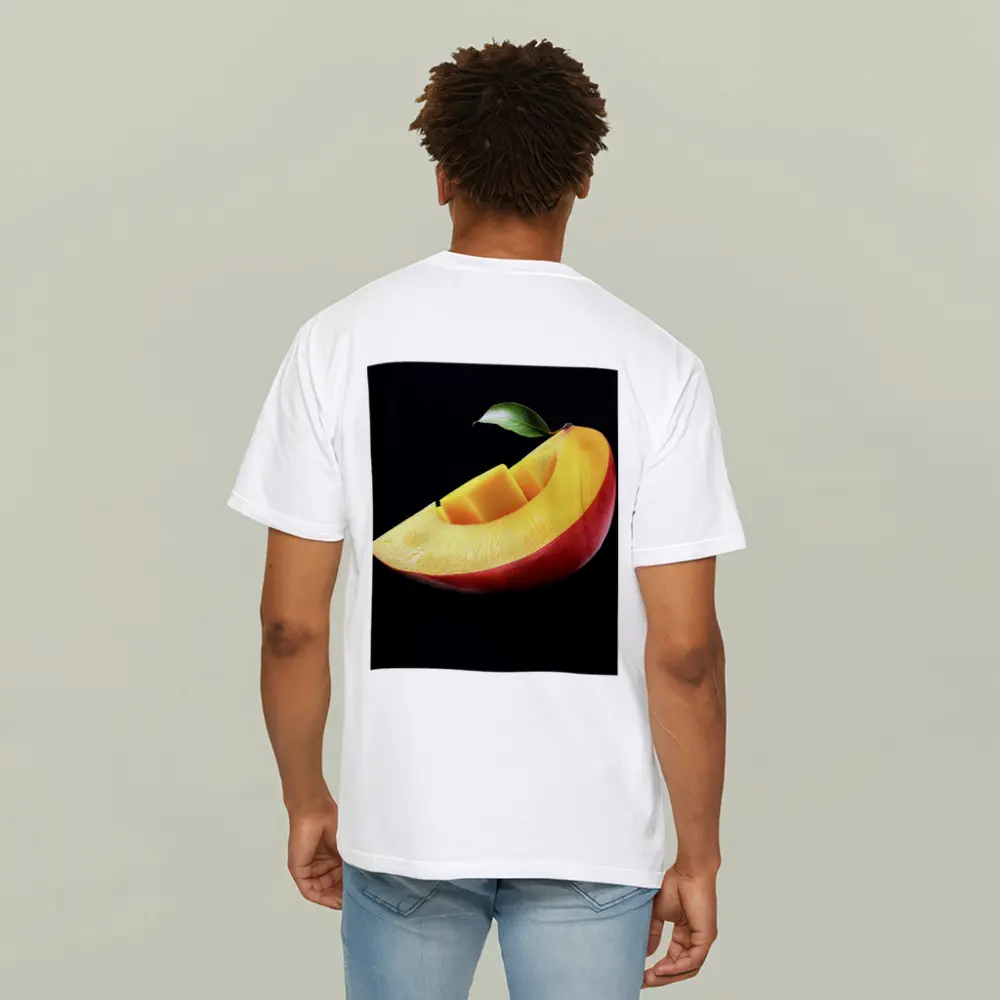Fresh Mango Slice With Leaf Black Background – T-Shirts