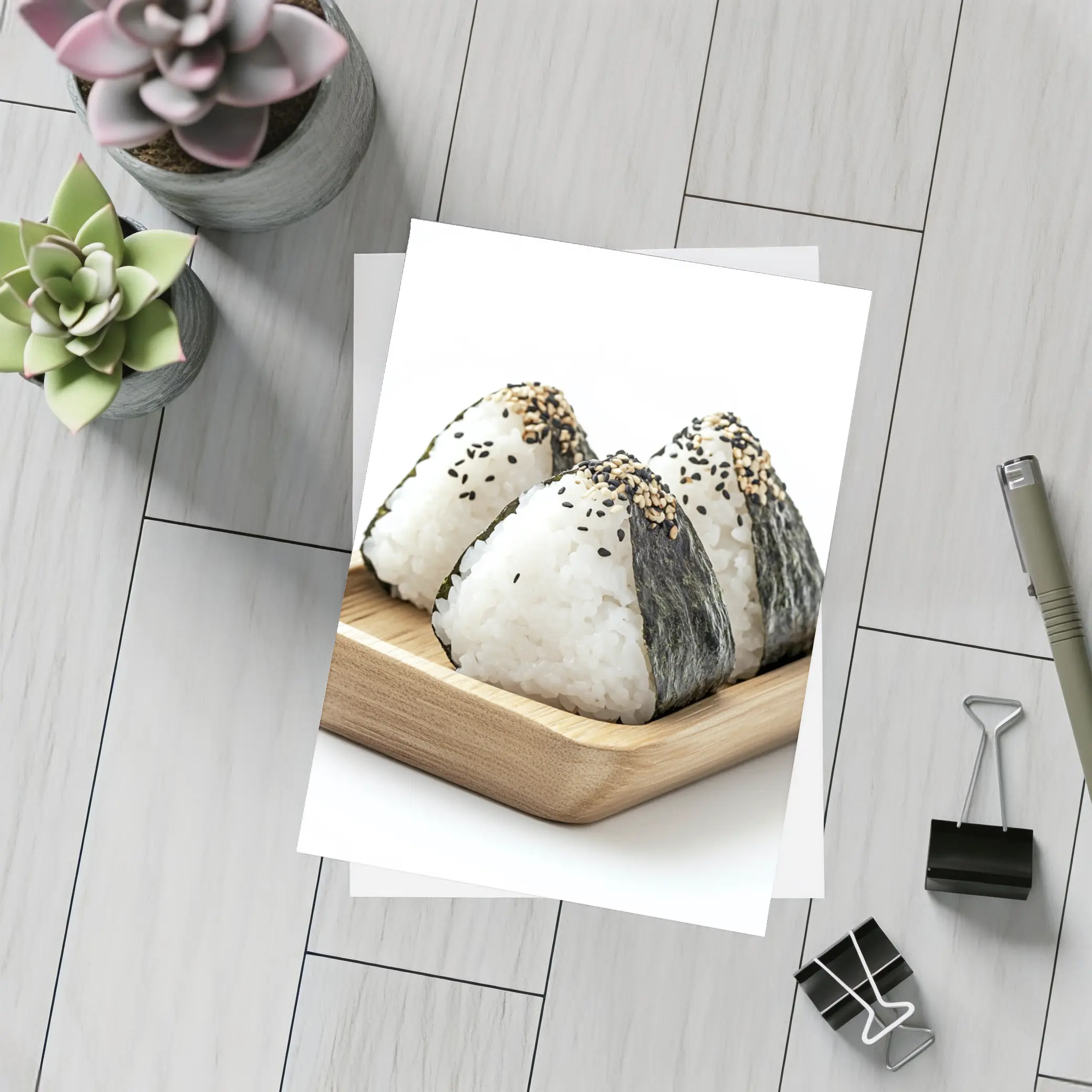 Onigiri Rice Balls on Wooden Tray – Postcards