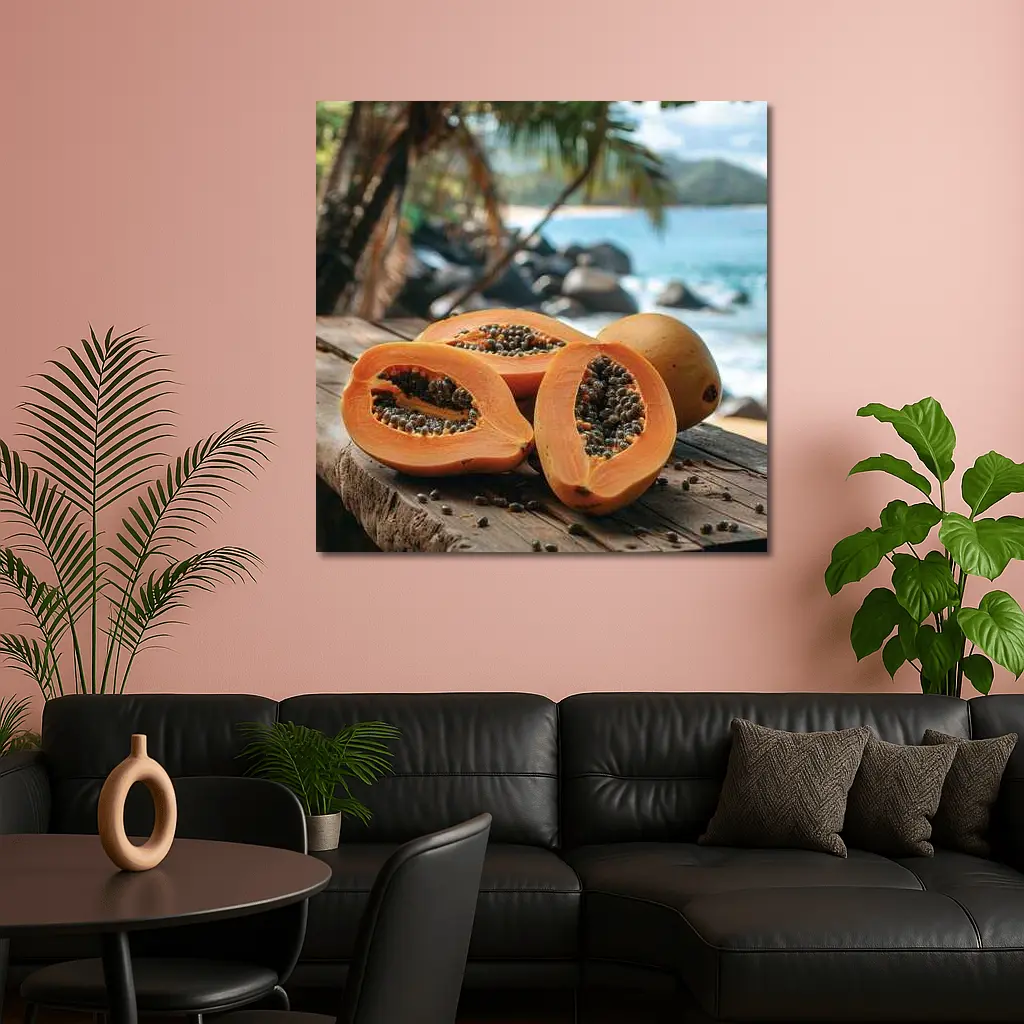Fresh Papaya Halves Tropical Beach Background – Wall Art