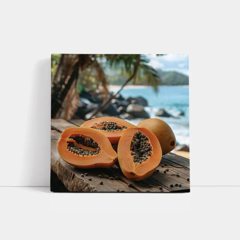 Fresh Papaya Halves Tropical Beach Background – Wall Art