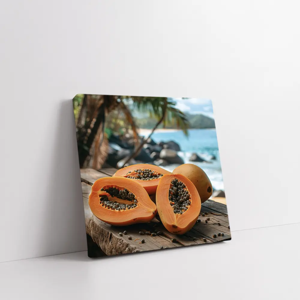 Fresh Papaya Halves Tropical Beach Background – Wall Art