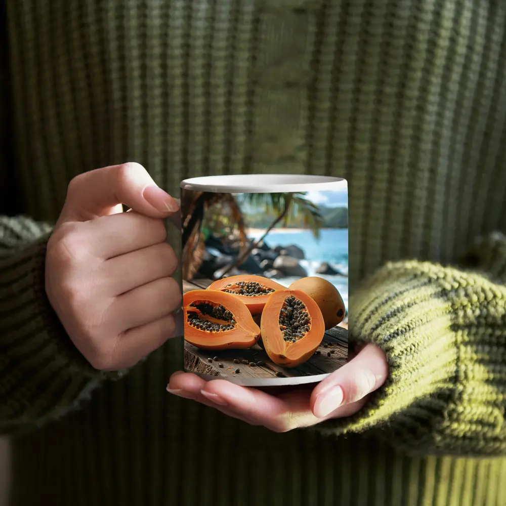 Fresh Papaya Halves Tropical Beach Background – Mugs