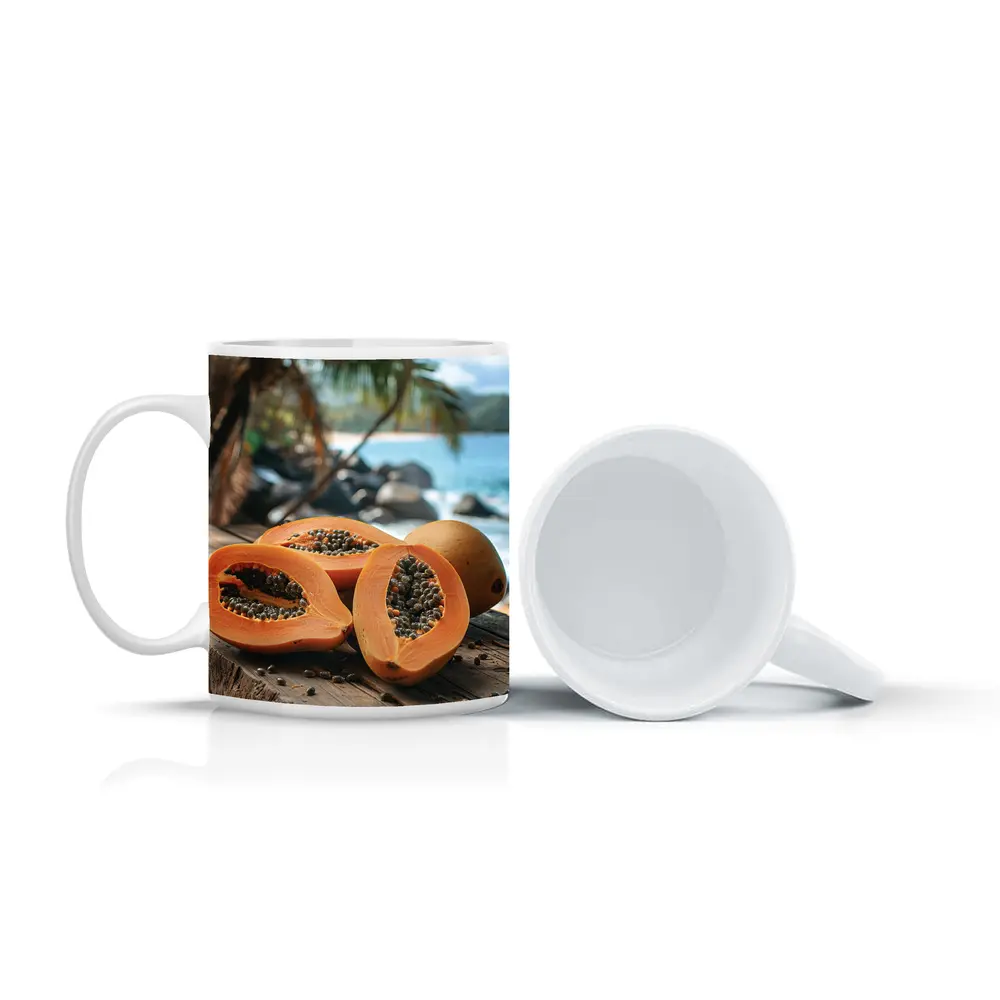 Fresh Papaya Halves Tropical Beach Background – Mugs