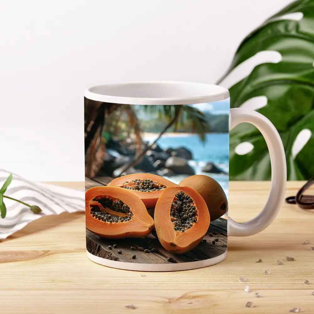Fresh Papaya Halves Tropical Beach Background – Mugs