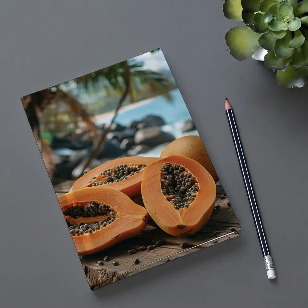 Fresh Papaya Halves Tropical Beach Background – Notebooks