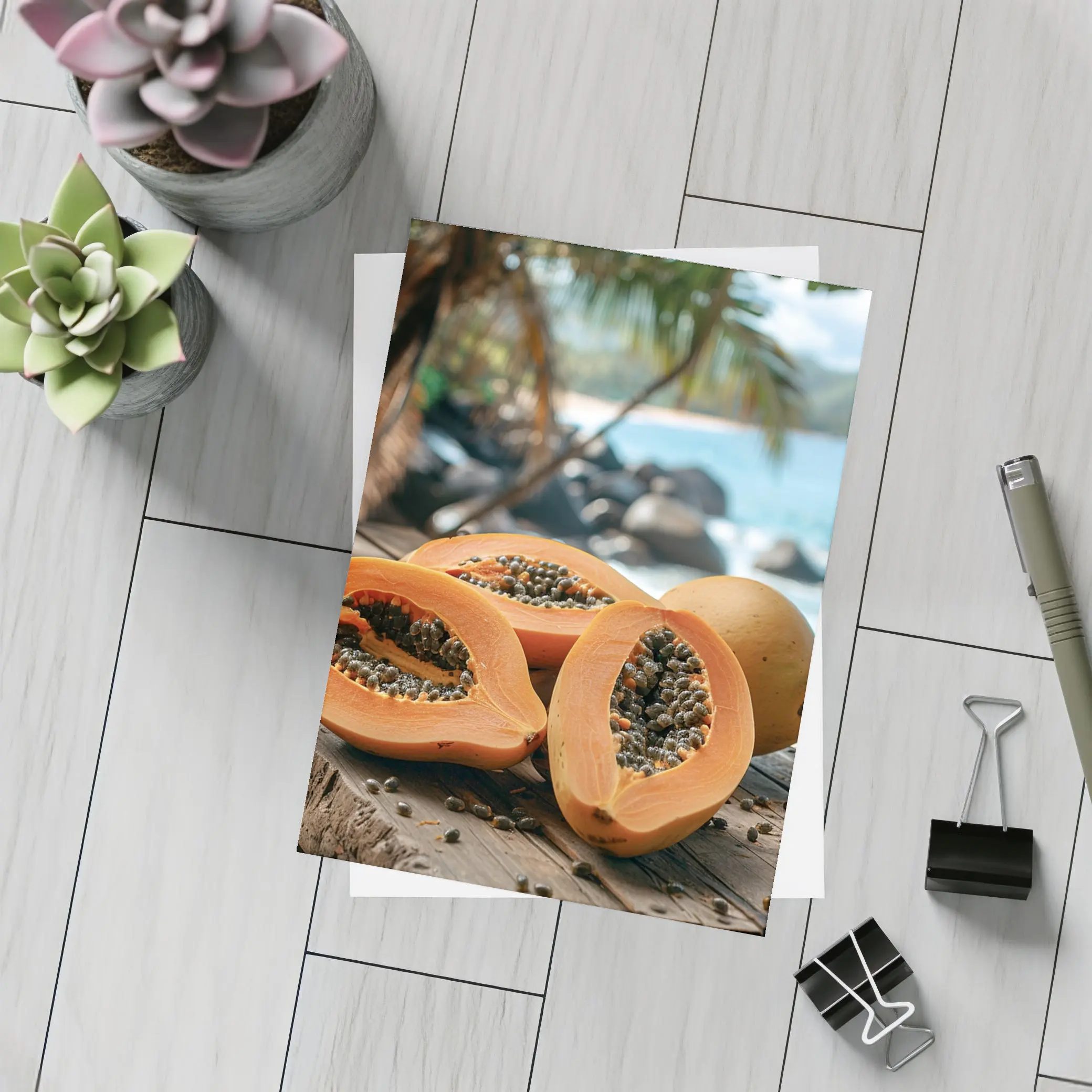 Fresh Papaya Halves Tropical Beach Background – Postcards