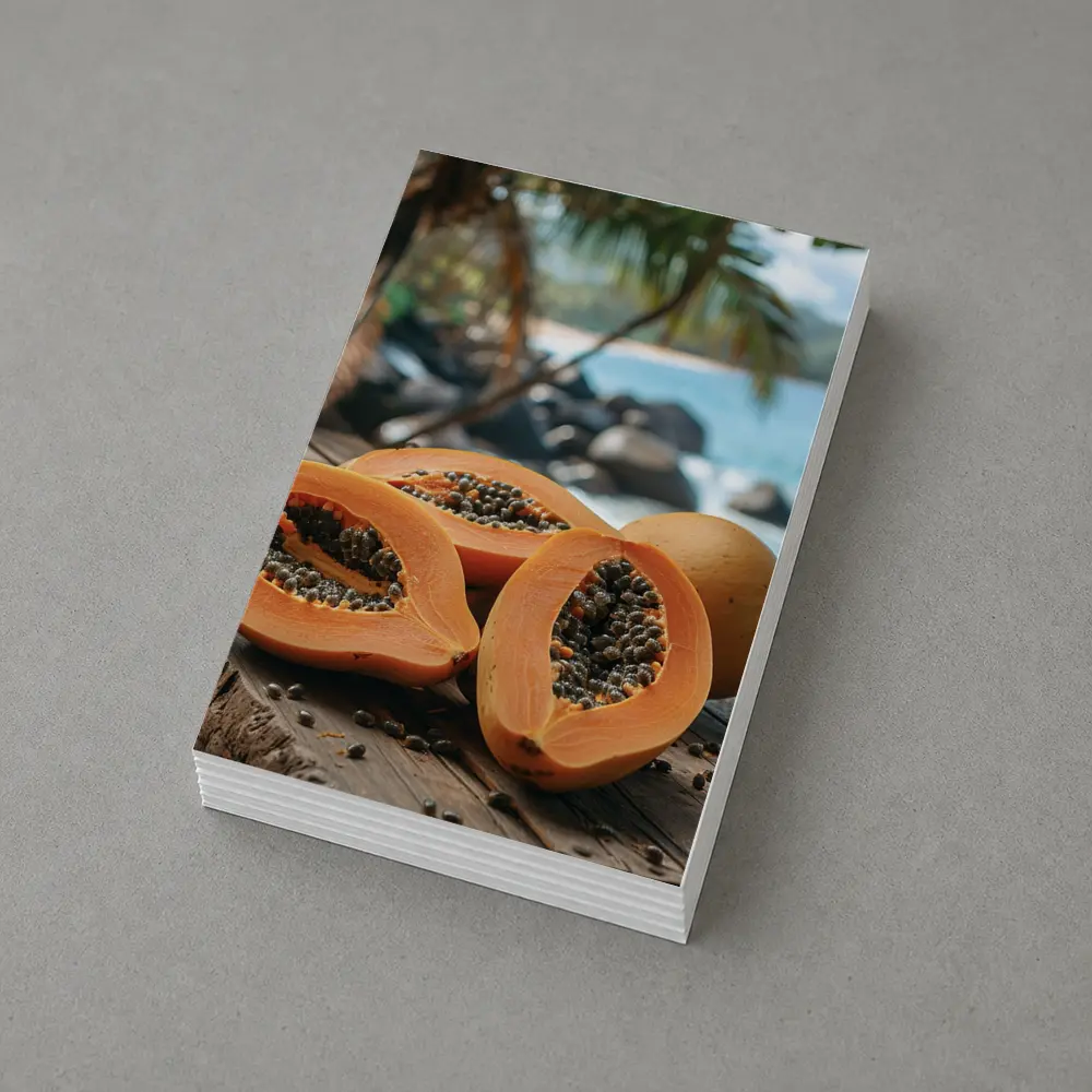 Fresh Papaya Halves Tropical Beach Background – Postcards