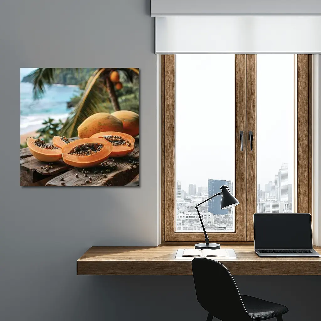 Fresh Papaya Slices Tropical Beach Background – Wall Art