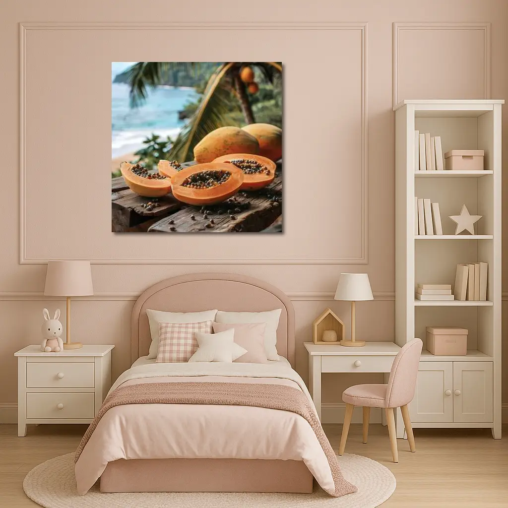 Fresh Papaya Slices Tropical Beach Background – Wall Art