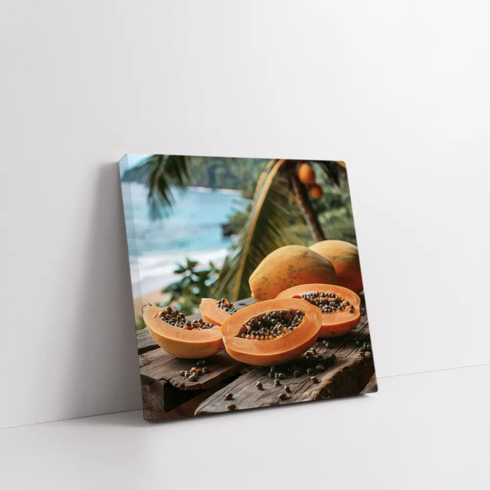 Fresh Papaya Slices Tropical Beach Background – Wall Art