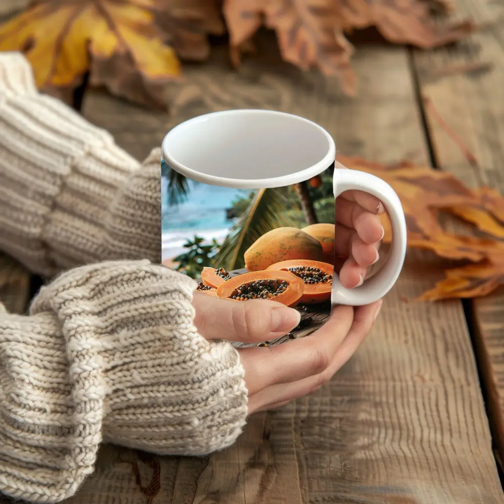 Fresh Papaya Slices Tropical Beach Background – Mugs