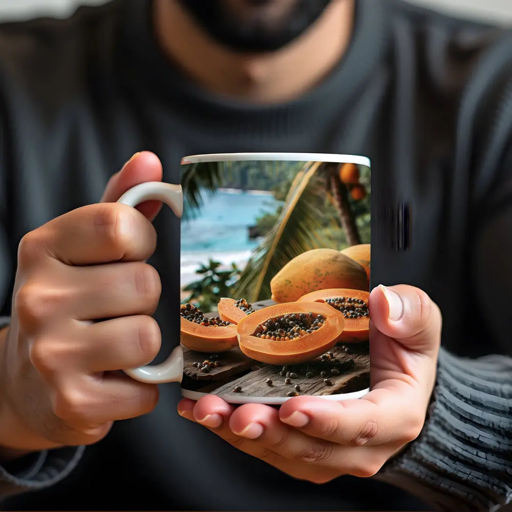Fresh Papaya Slices Tropical Beach Background – Mugs