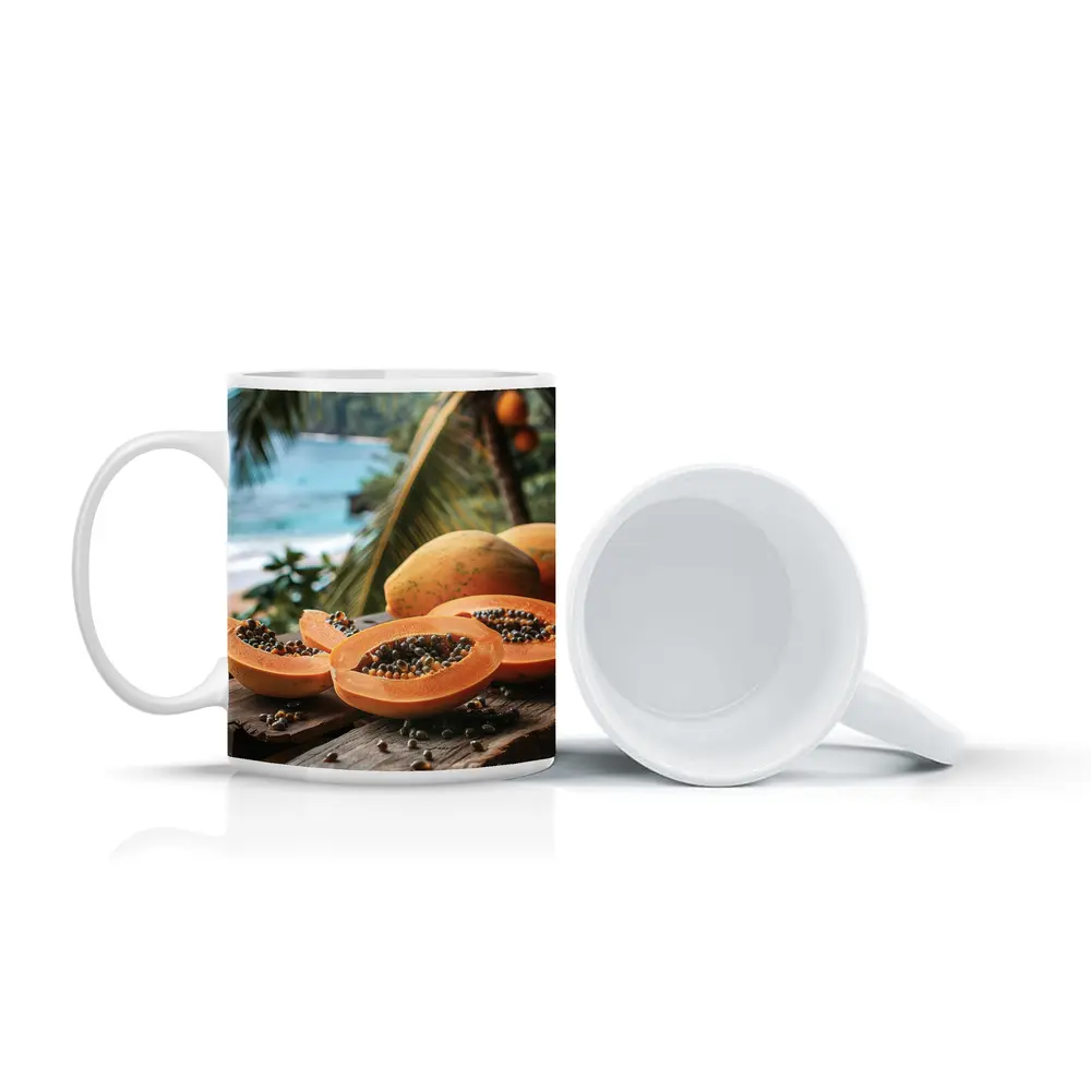 Fresh Papaya Slices Tropical Beach Background – Mugs