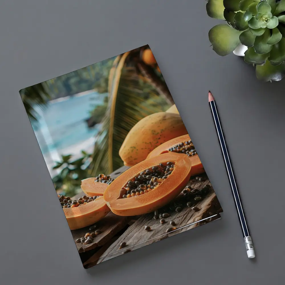 Fresh Papaya Slices Tropical Beach Background – Notebooks