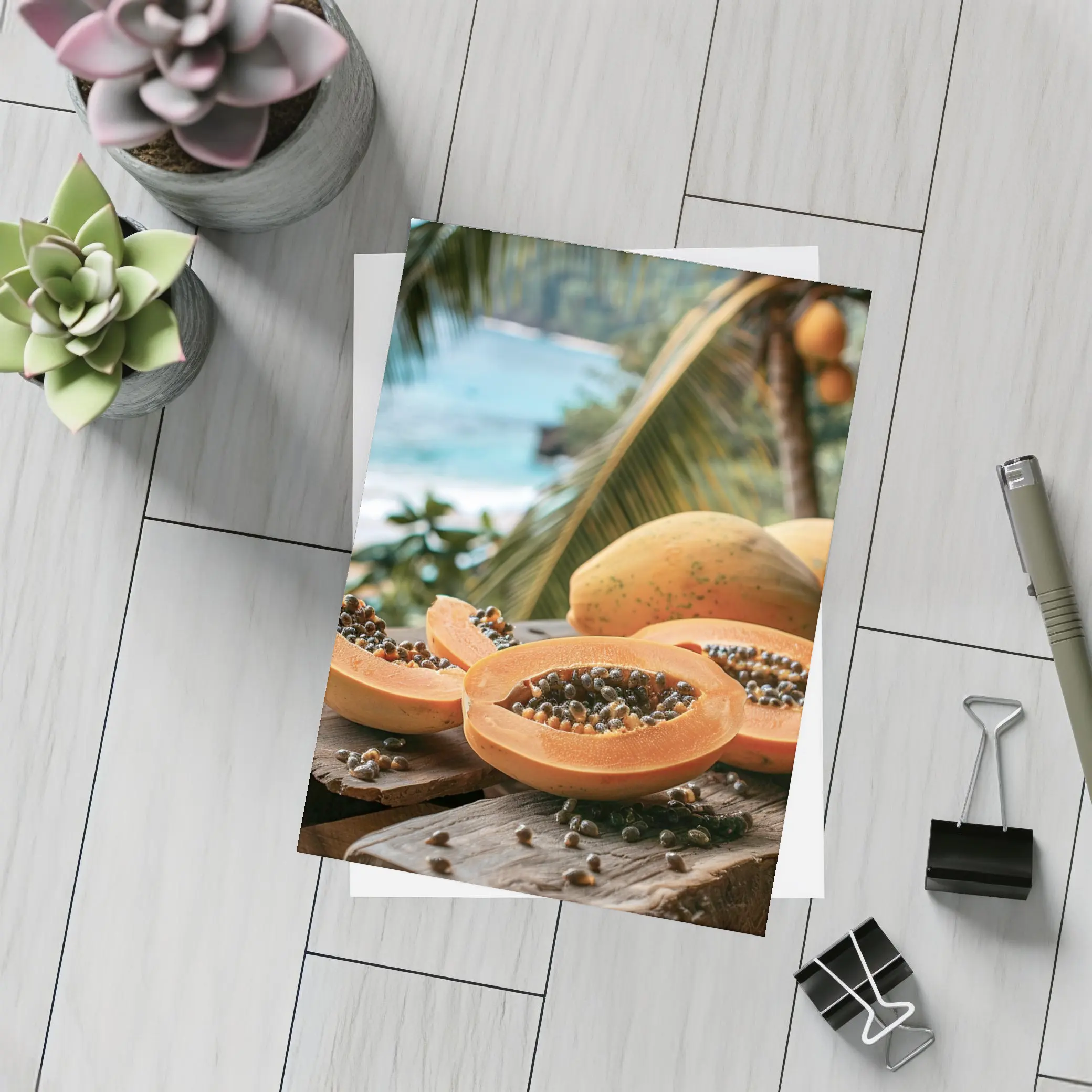 Fresh Papaya Slices Tropical Beach Background – Postcards