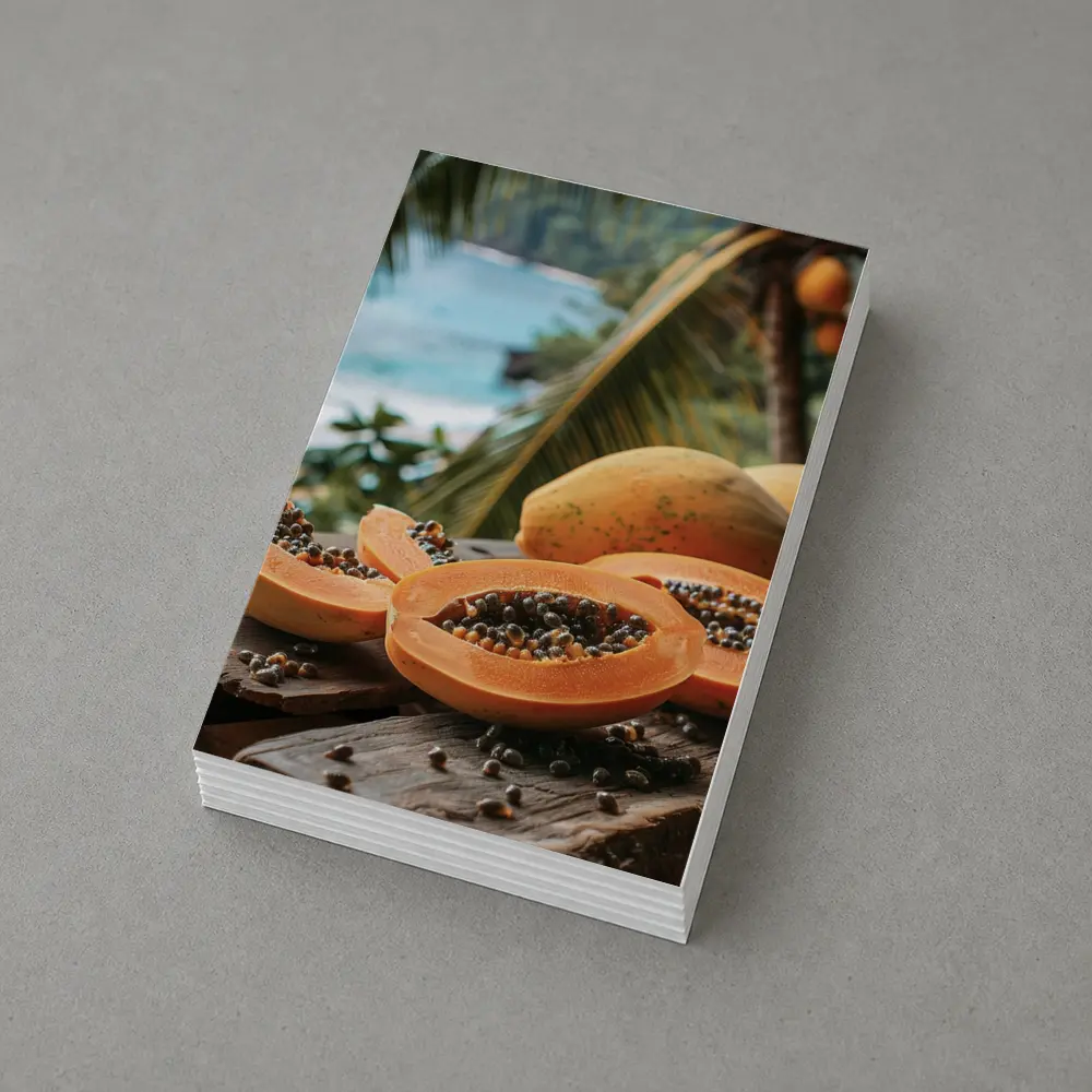 Fresh Papaya Slices Tropical Beach Background – Postcards