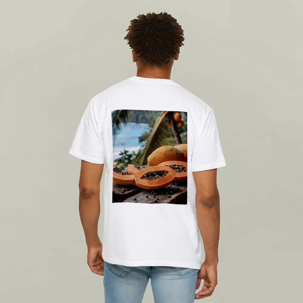 Fresh Papaya Slices Tropical Beach Background – T-Shirts