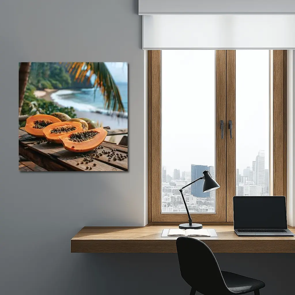 Fresh Papaya Slices Tropical Beach Background – Wall Art