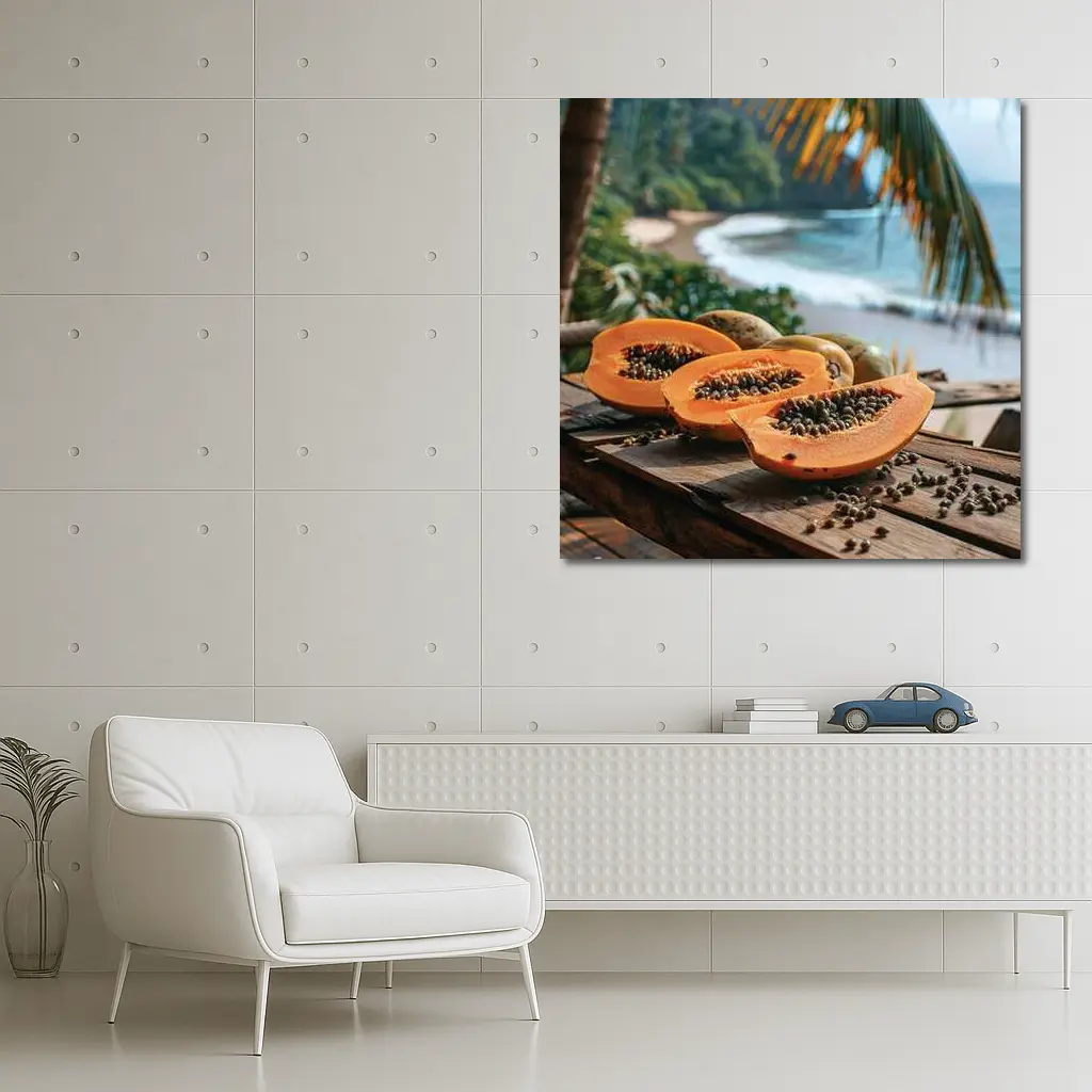 Fresh Papaya Slices Tropical Beach Background – Wall Art