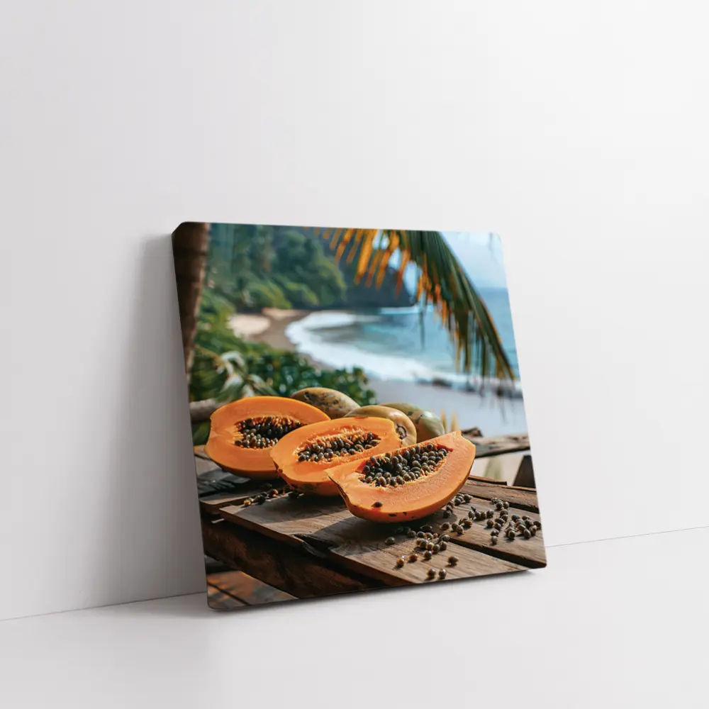 Fresh Papaya Slices Tropical Beach Background – Wall Art