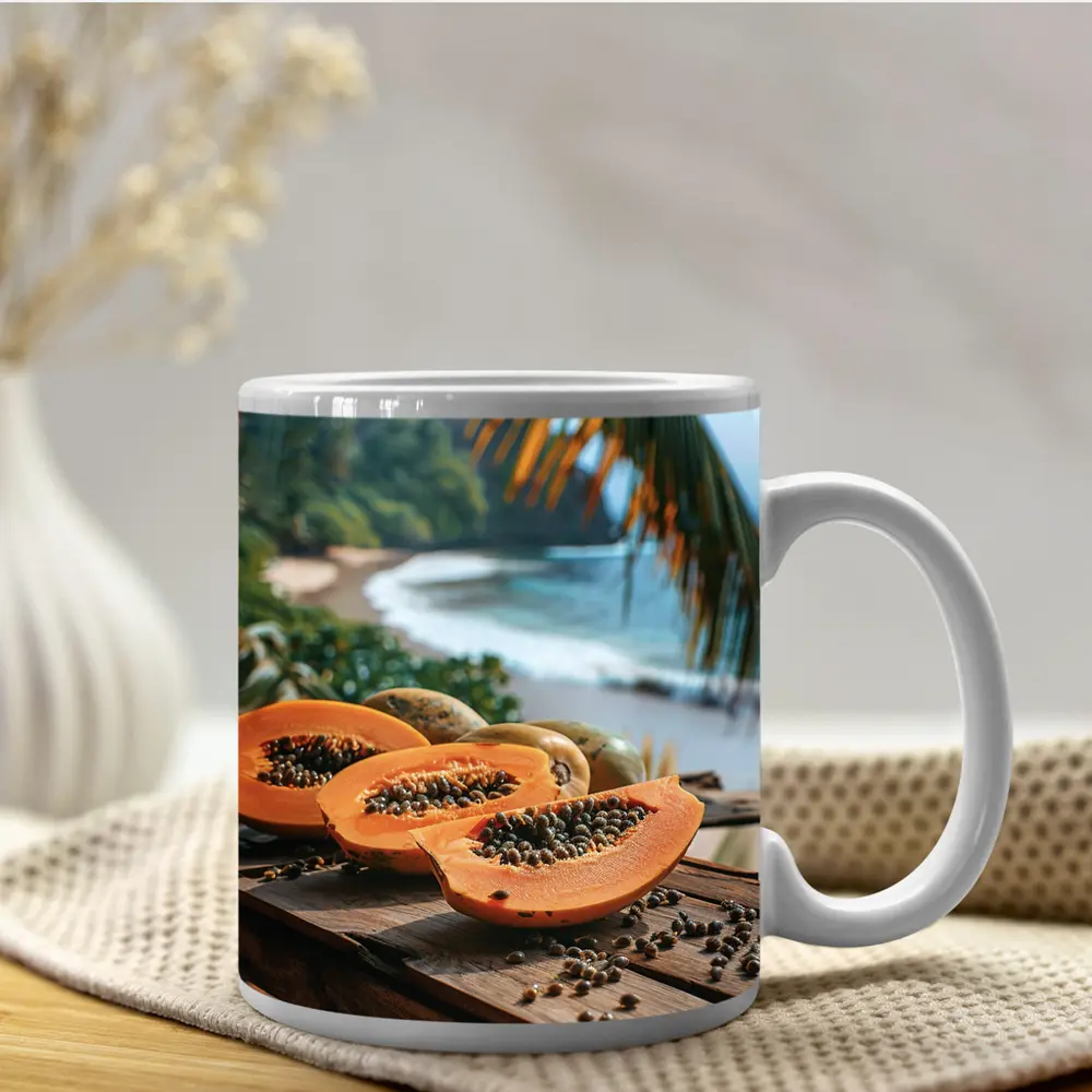 Fresh Papaya Slices Tropical Beach Background – Mugs