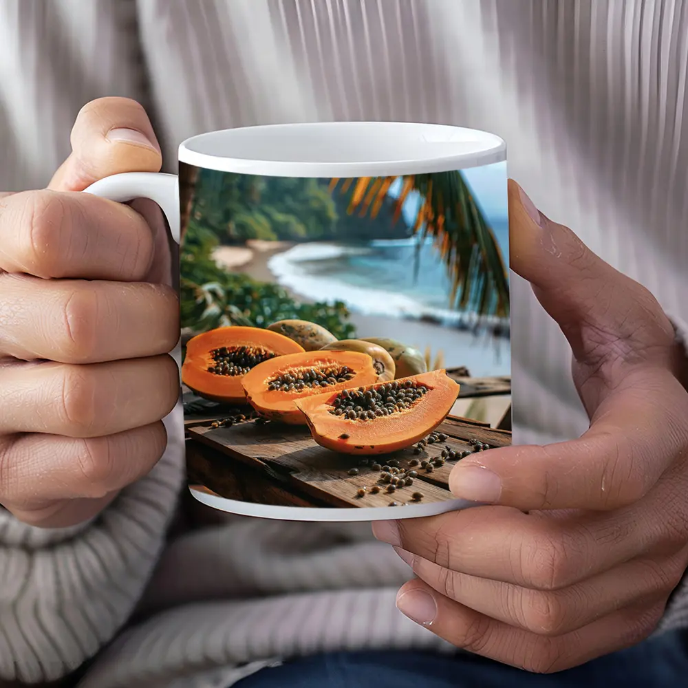 Fresh Papaya Slices Tropical Beach Background – Mugs