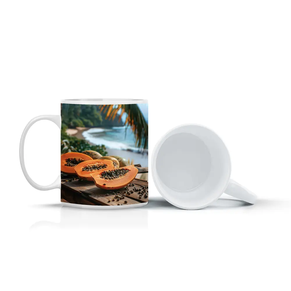 Fresh Papaya Slices Tropical Beach Background – Mugs