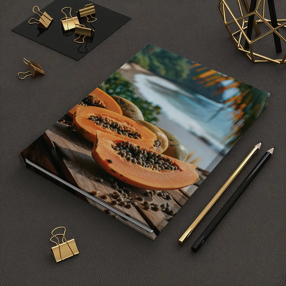 Fresh Papaya Slices Tropical Beach Background – Notebooks