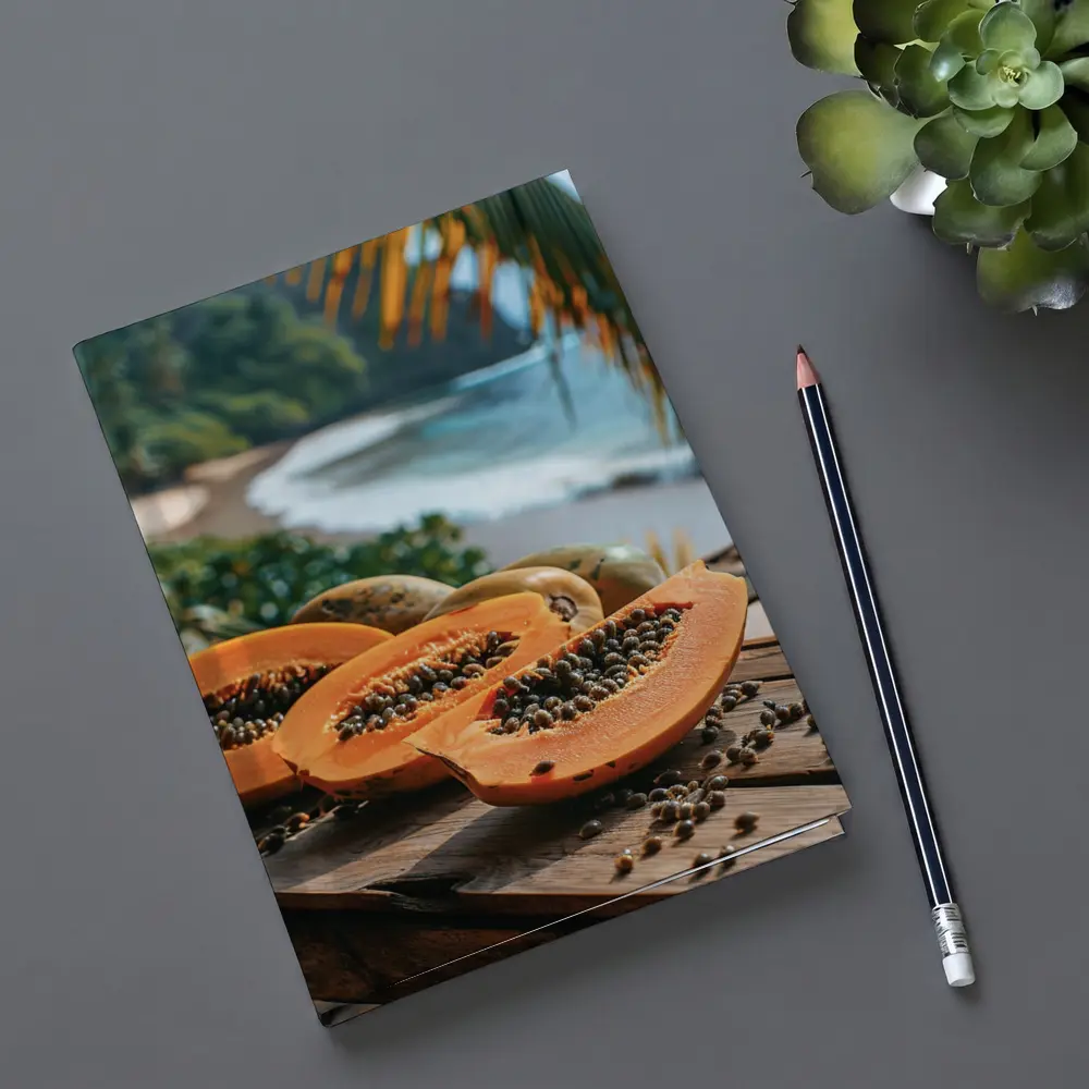 Fresh Papaya Slices Tropical Beach Background – Notebooks