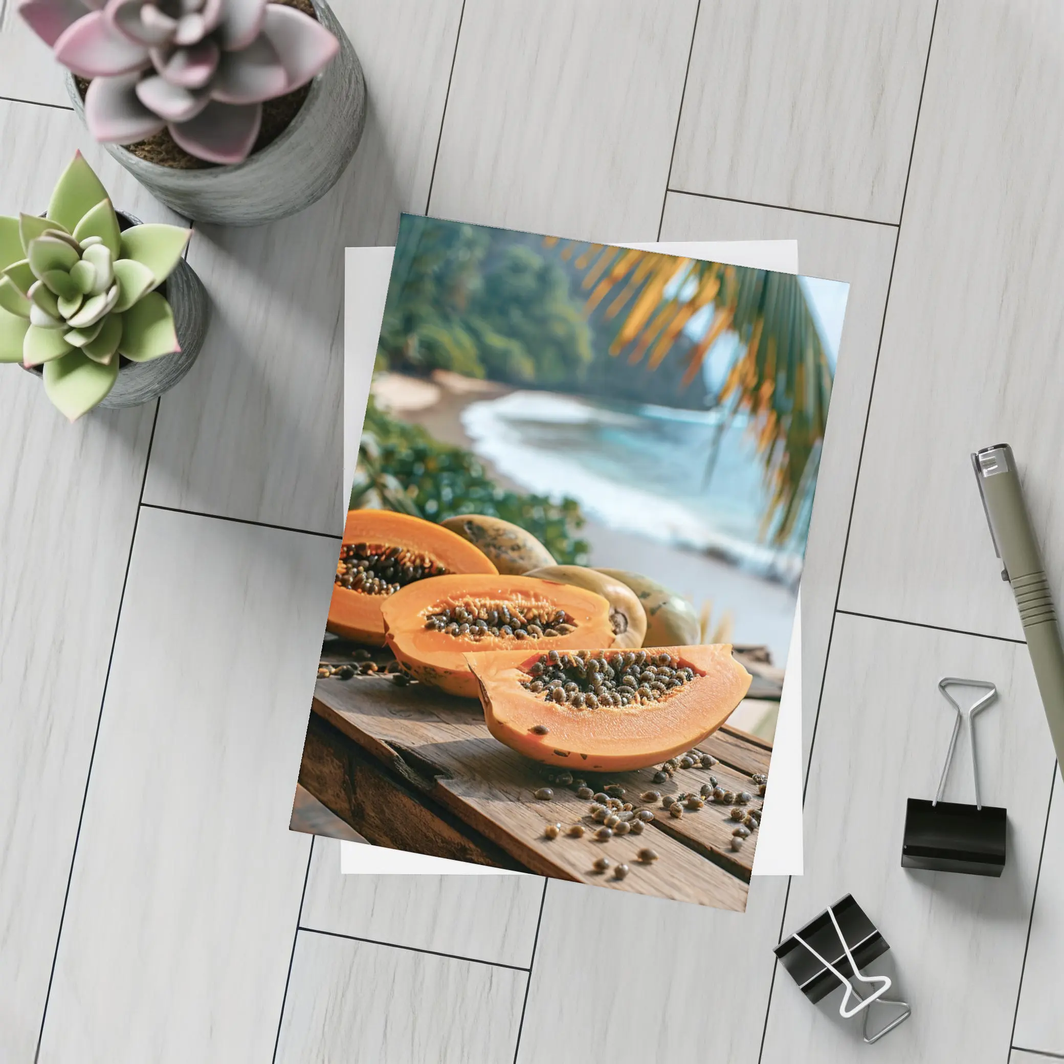 Fresh Papaya Slices Tropical Beach Background – Postcards