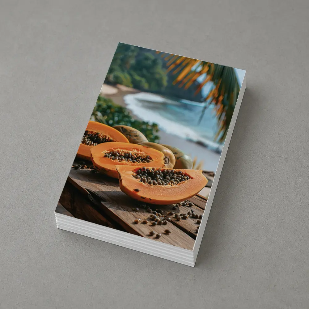 Fresh Papaya Slices Tropical Beach Background – Postcards