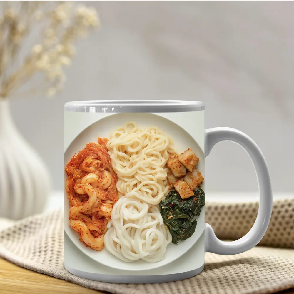 Korean Udon Noodles Kimchi Tofu White Plate – Mugs