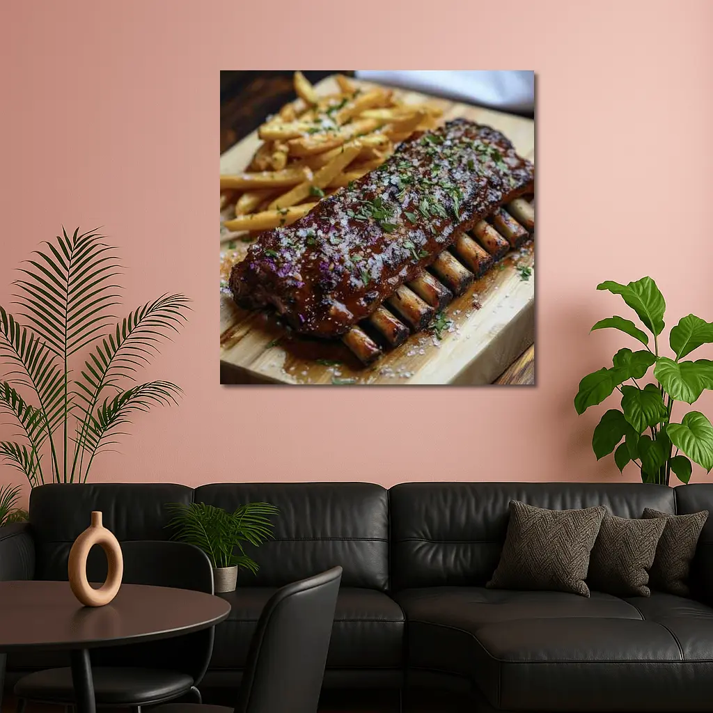 BBQ Pork Ribs With Fries Wooden Board – Wall Art