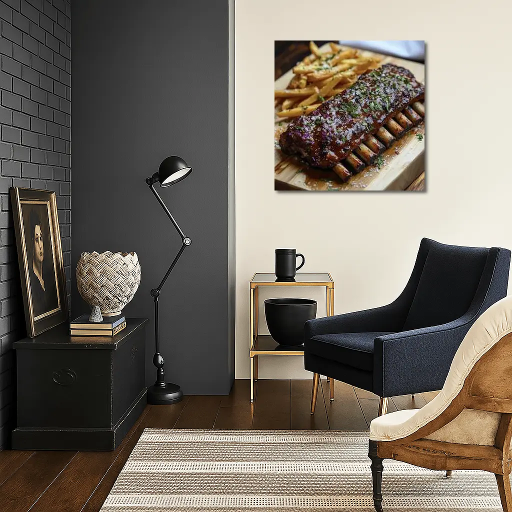 BBQ Pork Ribs With Fries Wooden Board – Wall Art
