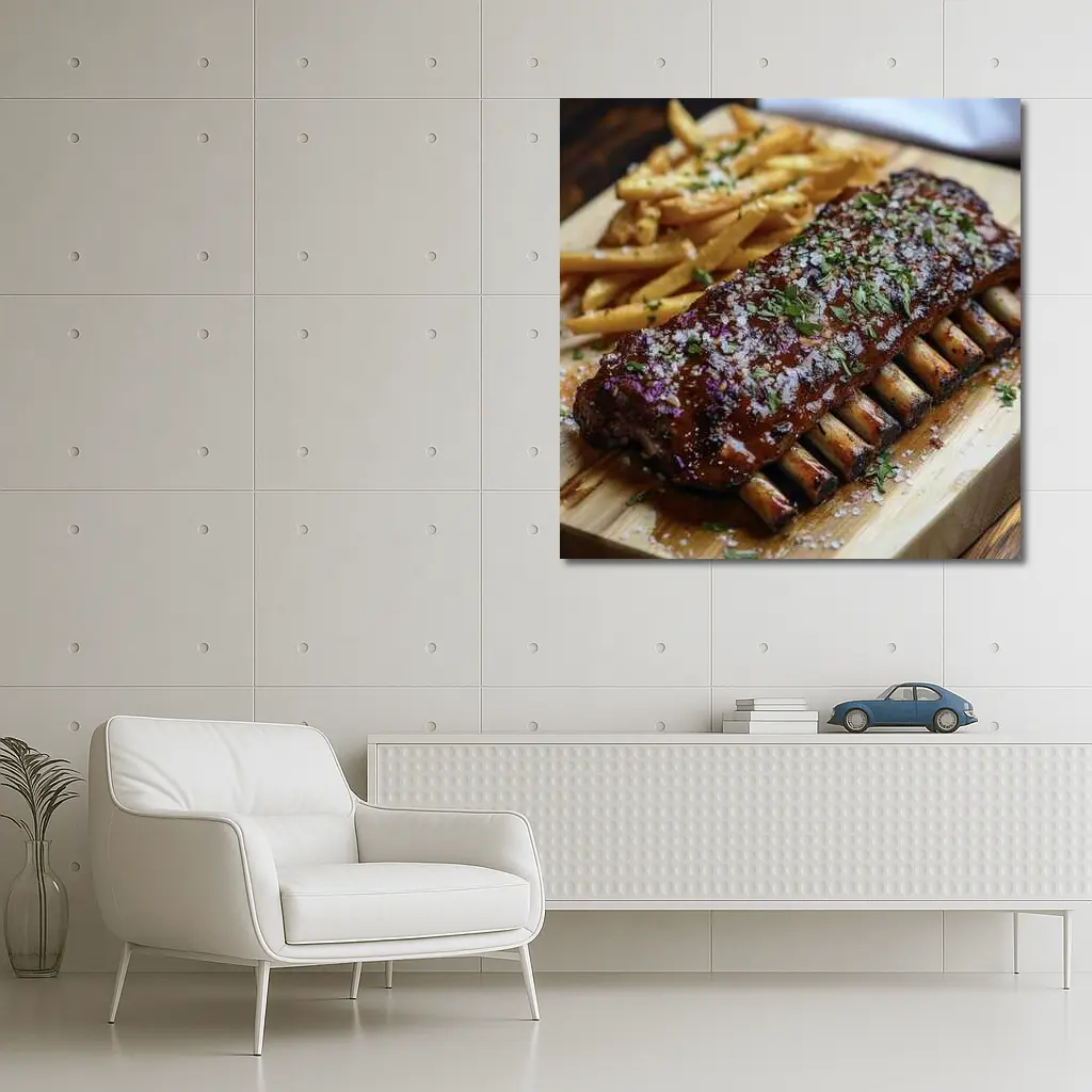 BBQ Pork Ribs With Fries Wooden Board – Wall Art