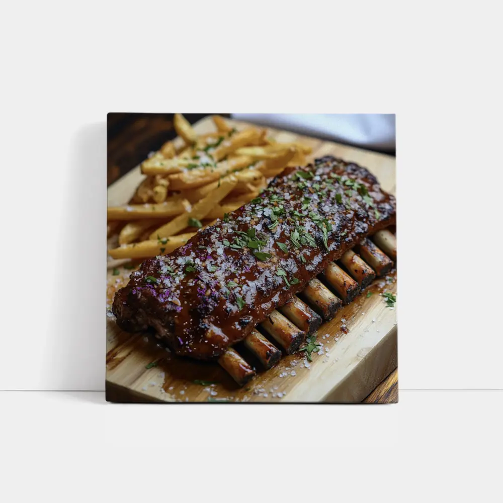 BBQ Pork Ribs With Fries Wooden Board – Wall Art