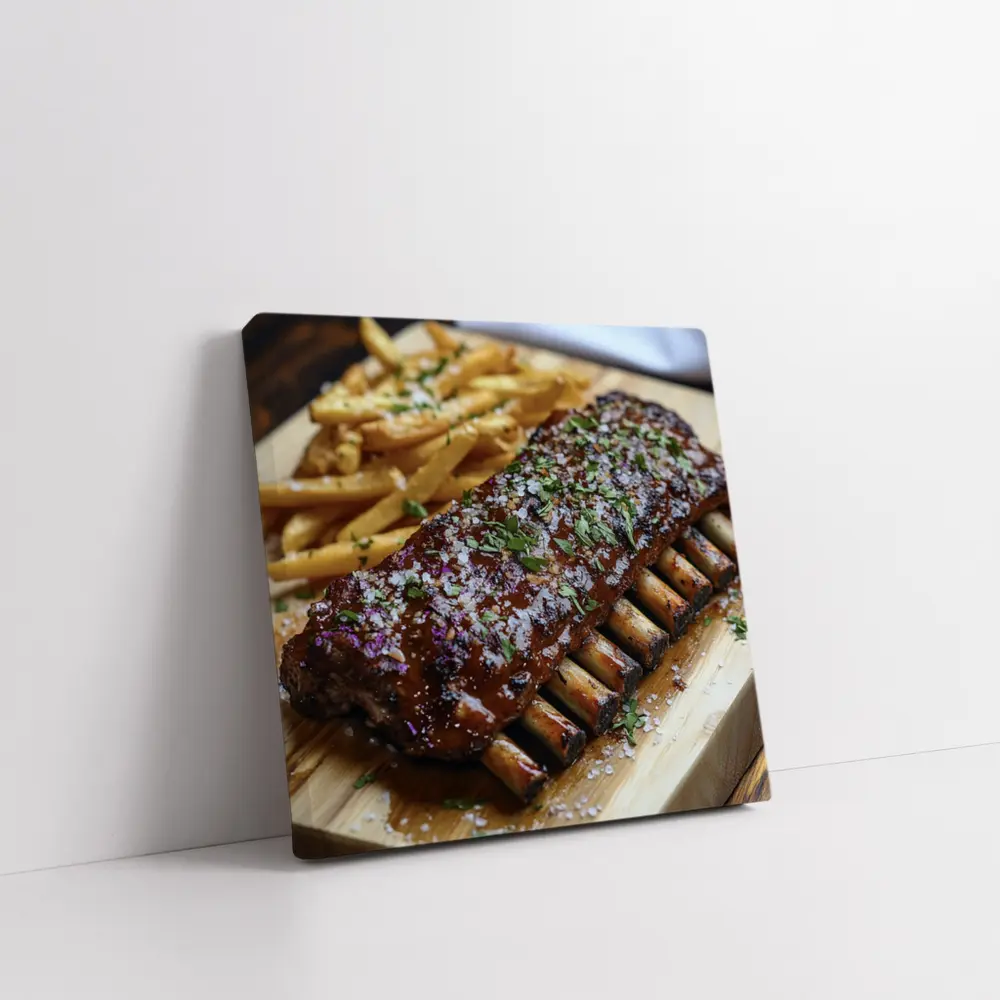BBQ Pork Ribs With Fries Wooden Board – Wall Art
