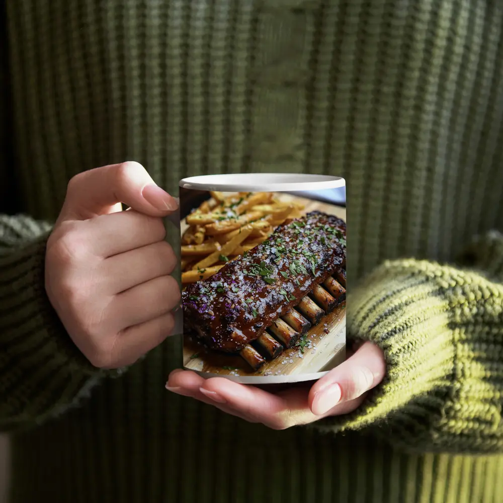BBQ Pork Ribs With Fries Wooden Board – Mugs