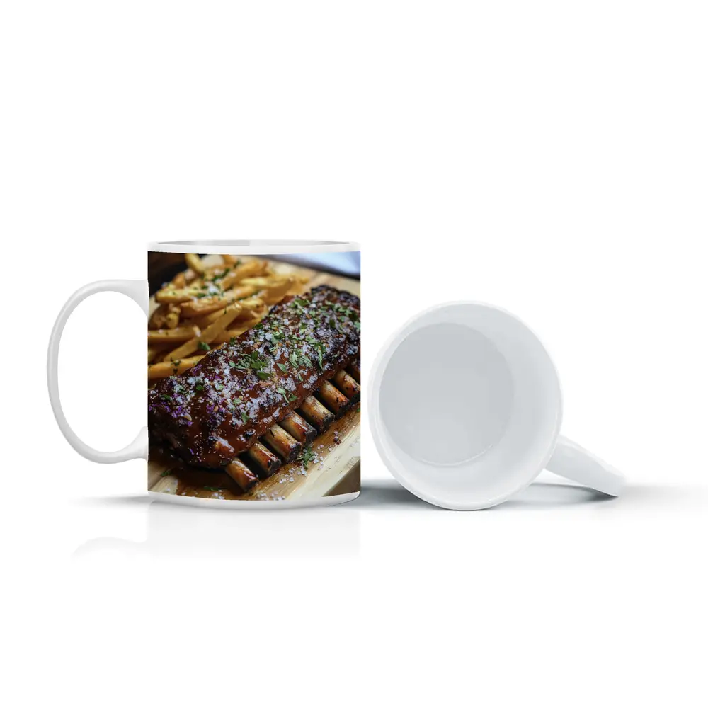 BBQ Pork Ribs With Fries Wooden Board – Mugs