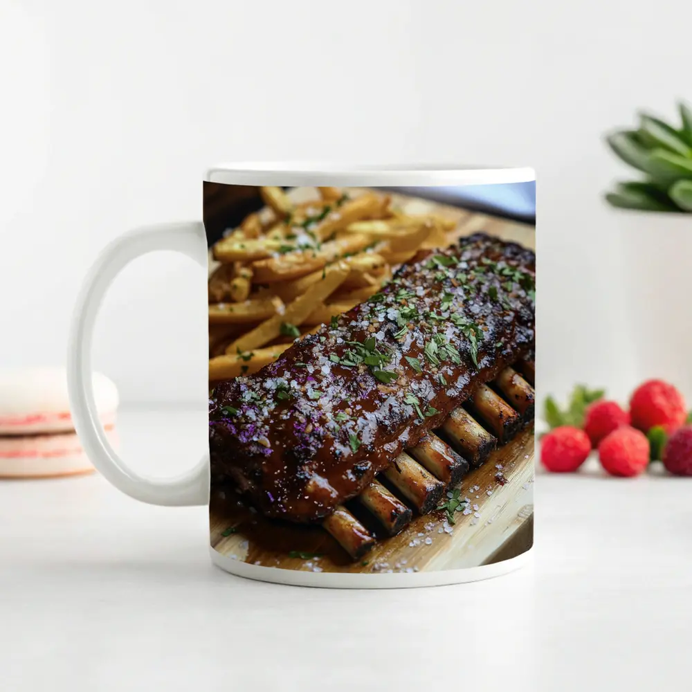 BBQ Pork Ribs With Fries Wooden Board – Mugs