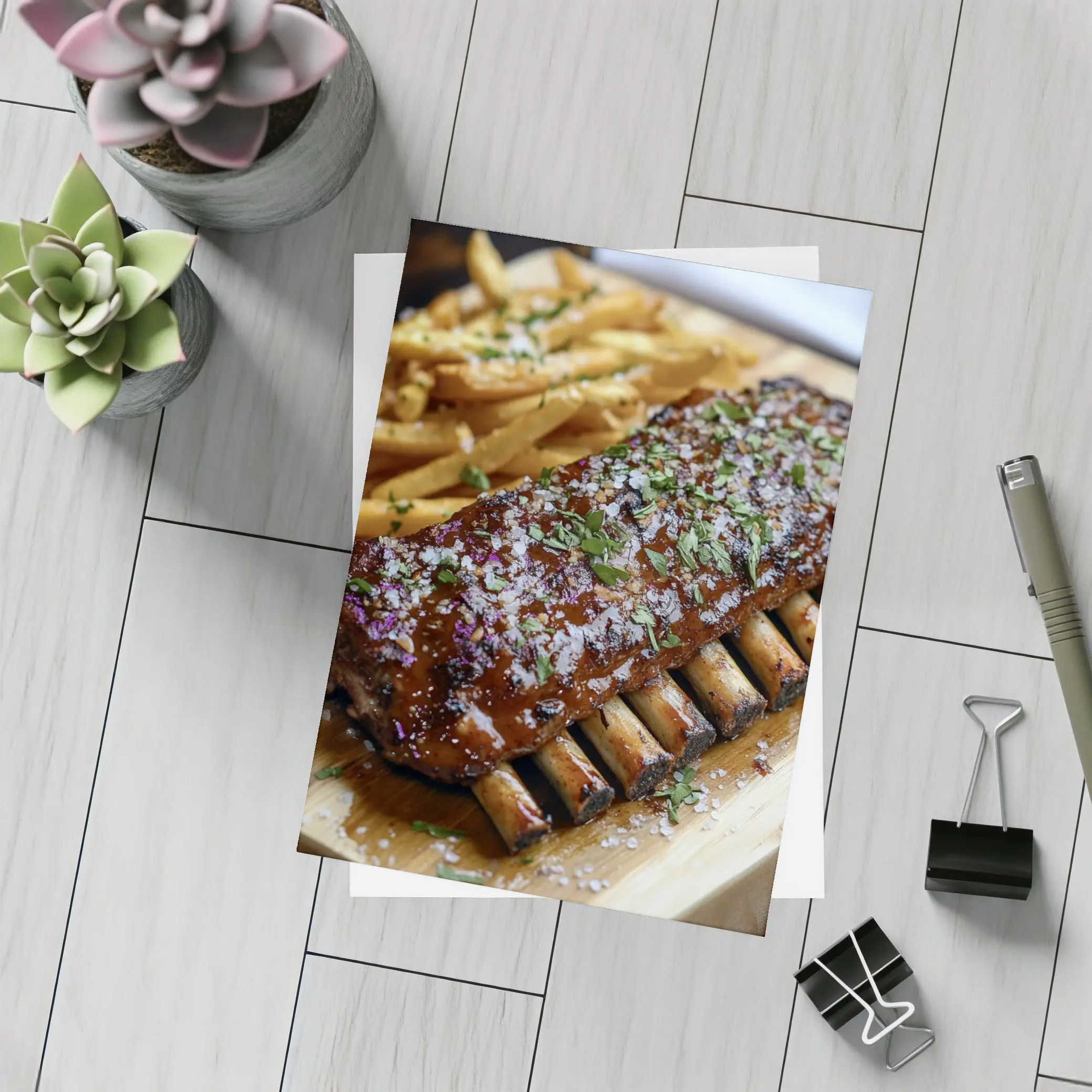 BBQ Pork Ribs With Fries Wooden Board – Postcards
