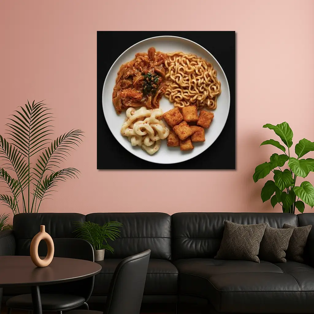 Korean Ramen Noodles Kimchi Tofu Black Background – Wall Art