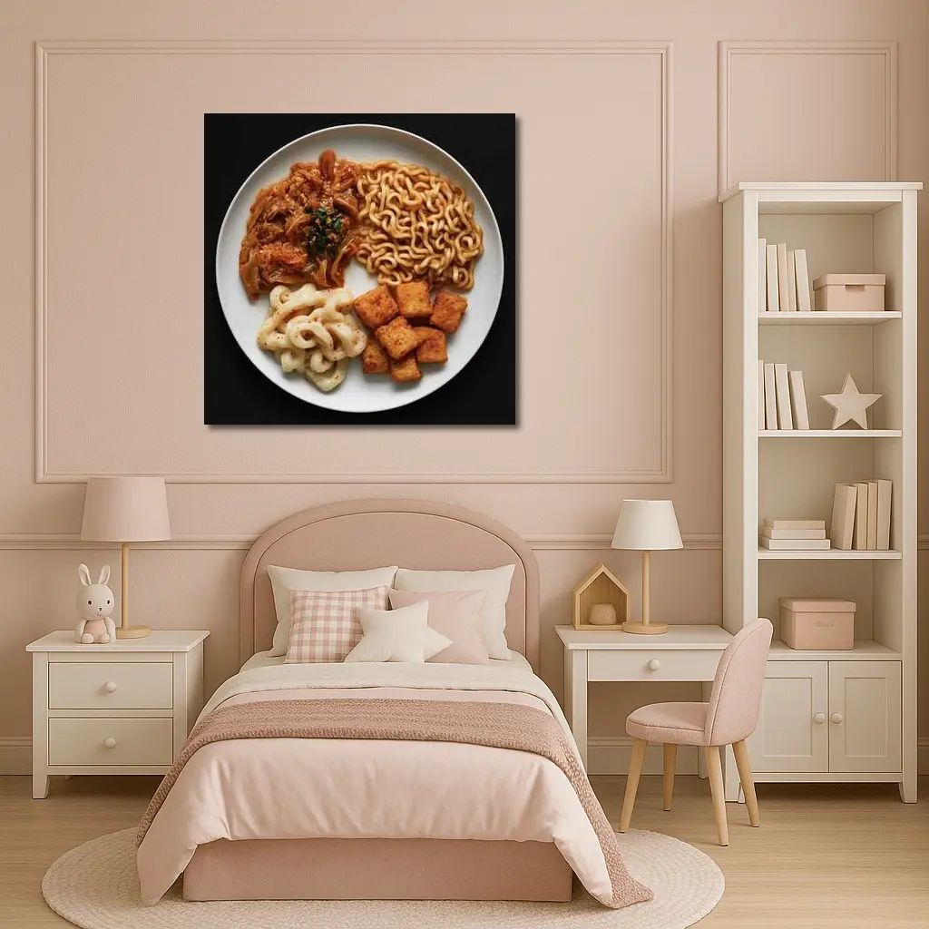 Korean Ramen Noodles Kimchi Tofu Black Background – Wall Art