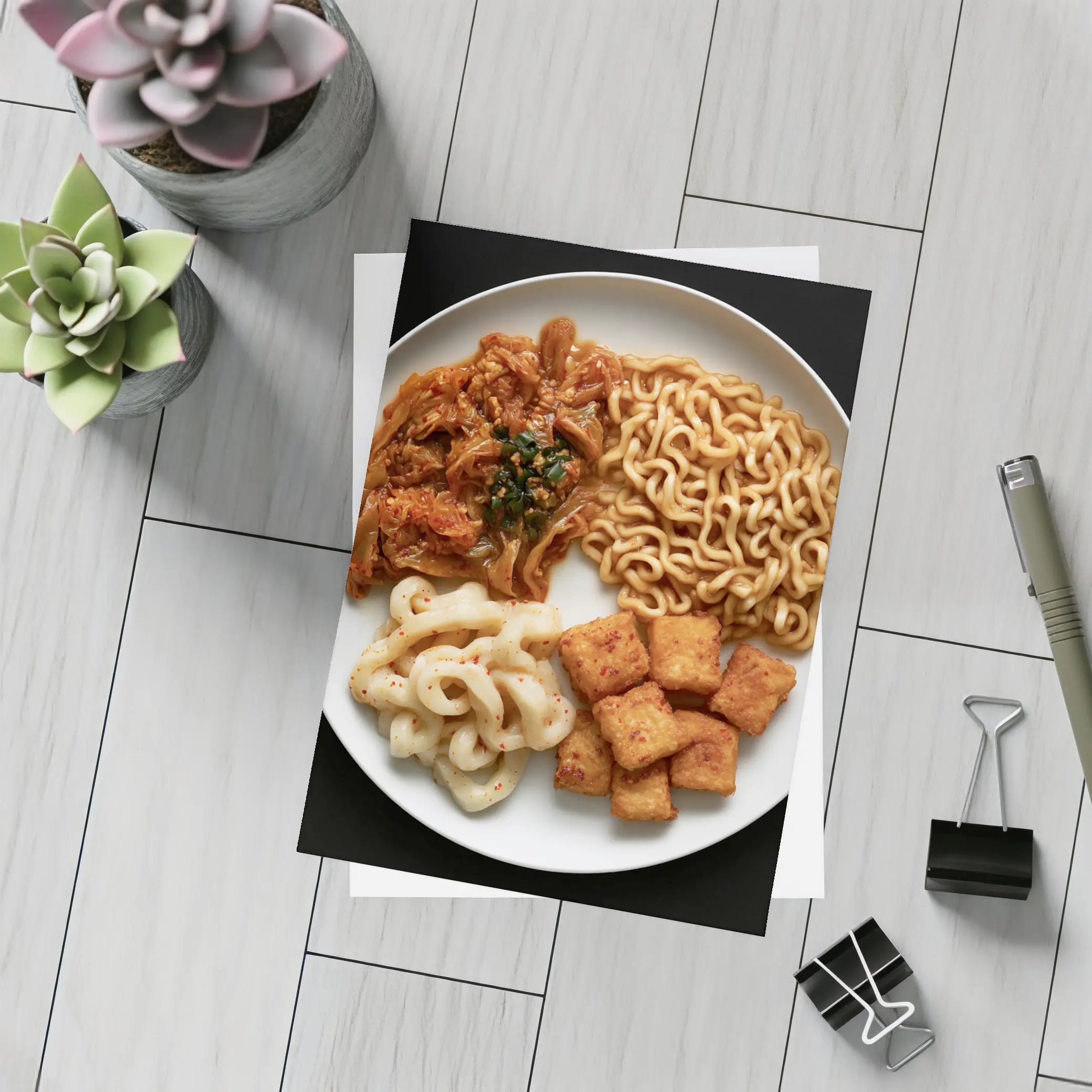 Korean Ramen Noodles Kimchi Tofu Black Background – Postcards